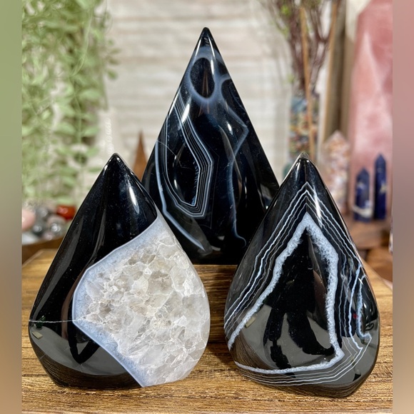 Other - 3 Piece Set of Black Banded Sardonyx Crystal Tear Drop Carvings